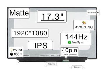 Матрица NV173FHM-NX4 (экран) для ноутбука 17.3" (IPS / 144Hz FreeSync / 1920&times;1080 / матовая / 40pin (0.5mm) / Slim 3.5мм / 250nit / 800:1 / 45% NTSC / 85&deg;.85&deg;.85&deg;.85&deg;) Оригинал 01038 фото