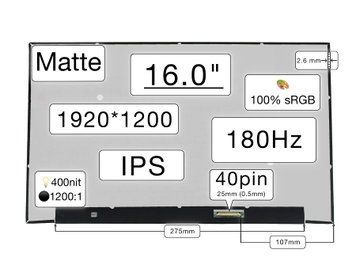 Матрица MNG007QA1-2 (экран) для ноутбука 16.0" (IPS / 180Hz / 1920&times;1200 WUXGA / матовая / 40pin (0.5mm) / Slim 3мм / 400nit / 1200:1 / 100% sRGB / 89&deg;.89&deg;.89&deg;.89&deg;) Оригинал