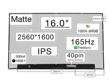 Матрица NE160QDM-NY1 (экран) для ноутбука 16.0" (IPS / 165Hz FreeSync / 2560&times;1600 WQXGA / матовая / 40pin (0.5mm) / Slim 2.6мм / 500nit / 1200:1 / 100% sRGB / 89&deg;.89&deg;.89&deg;.89&deg;) Оригинал