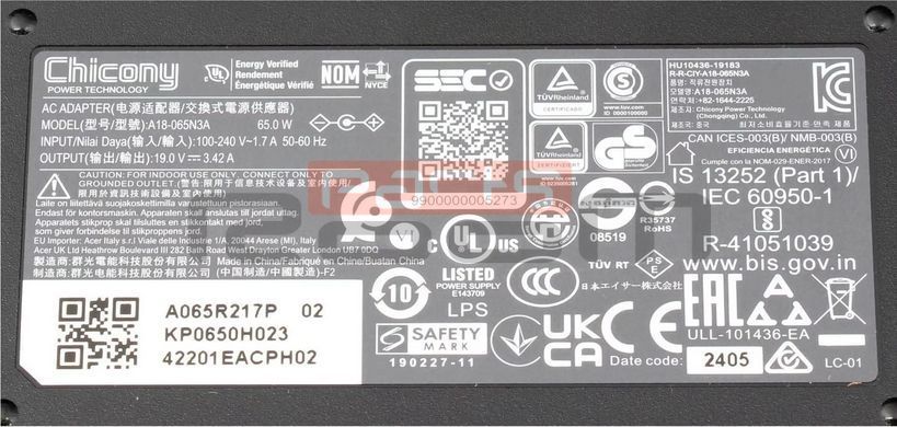 Блок питания (зарядка) для ноутбука Acer Chicony 65W (19V 3.42А 3.0*1.1мм) A18-065N3A [KP0650H023] Оригинал