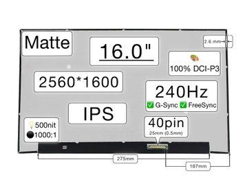 Матрица B160QAN03.Y (экран) для ноутбука 16.0" (IPS / 240Hz G-Sync+FreeSync / 2560&times;1600 WQXGA / матовая / 40pin (0.5mm) / Slim 2.6мм / 500nit / 1000:1 / 100% DCI-P3 / 85&deg;.85&deg;.85&deg;.85&deg;) Оригинал