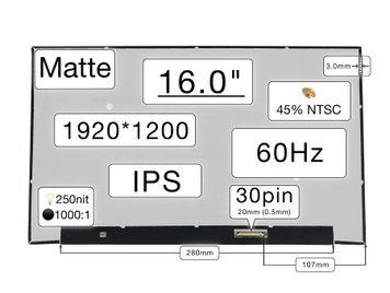 Матриця NV160WUM-N41 (екран) для ноутбука 16.0" (IPS / 60Hz / 1920&times;1200 / матовая / 30pin (0.5mm) / Slim 3мм / 250nit / 1000:1 / 45% NTSC / 89&deg;.89&deg;.89&deg;.89&deg;) Оригінал 01011 фото
