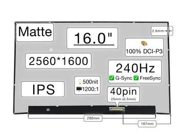 Матрица NE160QDM-NZ2 (экран) для ноутбука 16.0" (IPS / 240Hz G-Sync+FreeSync / 2560&times;1600 WQXGA / матовая / 40pin (0.5mm) / Slim 2.6мм / 500nit / 1200:1 / 100% DCI-P3 / 80&deg;.80&deg;.80&deg;.80&deg;) Оригинал