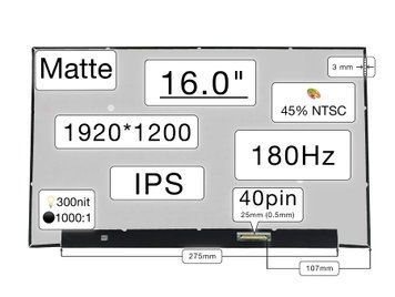 Матрица MNG007QX2-3 (экран) для ноутбука 16.0" (IPS / 180Hz / 1920&times;1200 WUXGA / матовая / 40pin (0.5mm) / Slim 3мм / 300nit / 1000:1 / 45% NTSC / 80&deg;.80&deg;.80&deg;.80&deg;) Оригинал